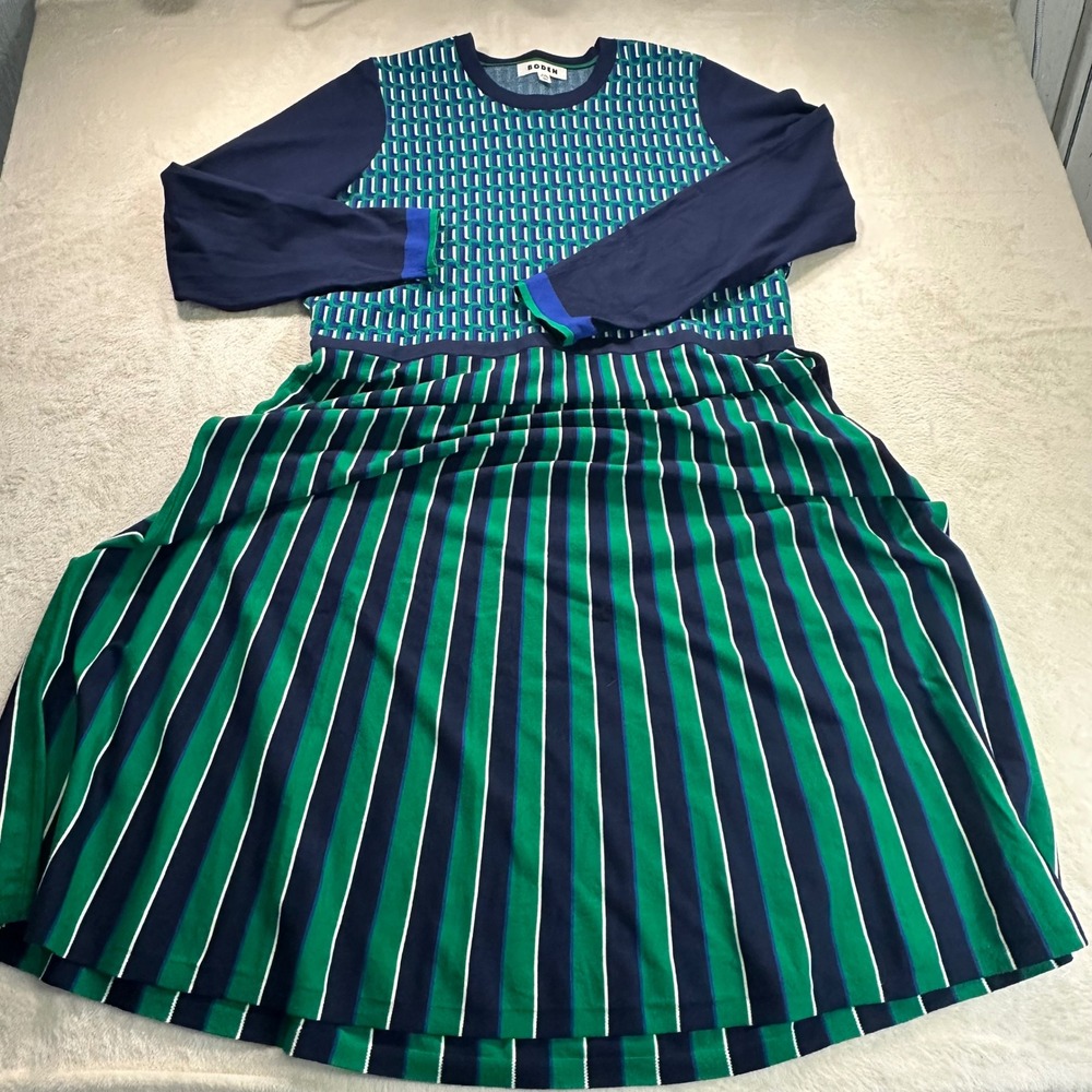 Boden Navy Green Striped Geometric Knit Midi Dress US 20-22R D1075